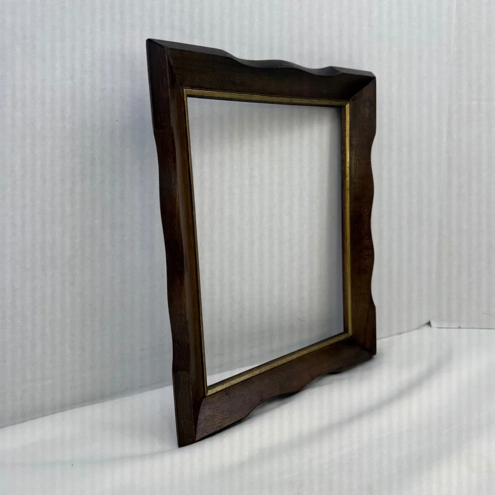 Vintage Scalloped Wood Picture Frame 8x10 Dark Brown Gold Trim Wavy Edge